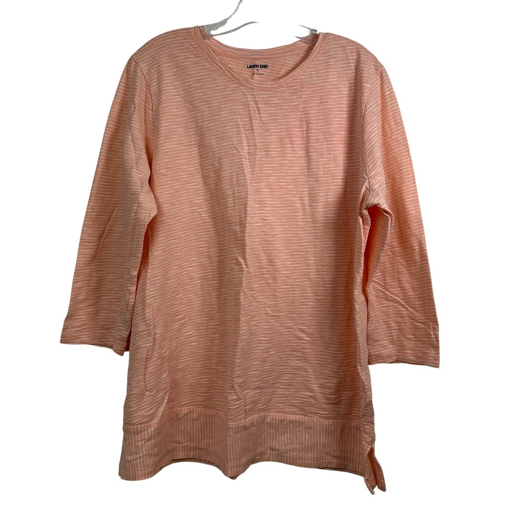 Lands End Peach White Striped Long Sleeve Tunic Top XL 18 Crew Neck Slub Cotton